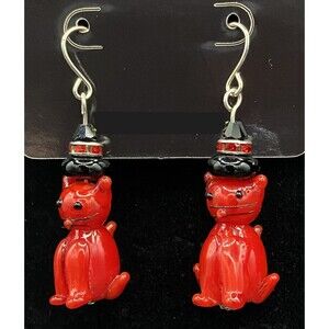 Handmade Red Glass Cat Black Glass & Crystal Bead Earrings by Neanie-Bot